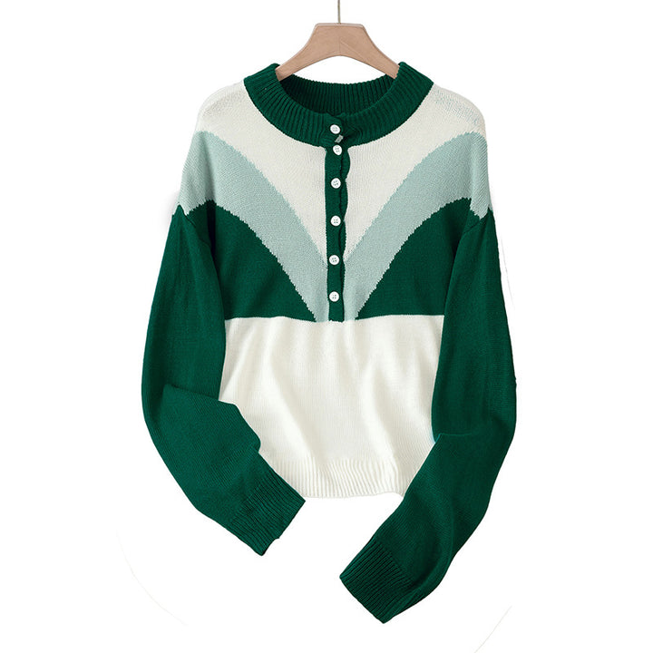 Damen Modischer Strickpullover mit Knopfleiste und Farbblockdesign Drune