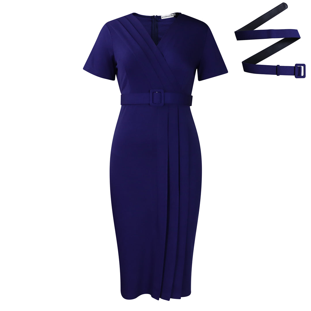 Damen figurbetontes Midi-Kleid mit asymmetrischem Wickeldesign und Gürtel Drune