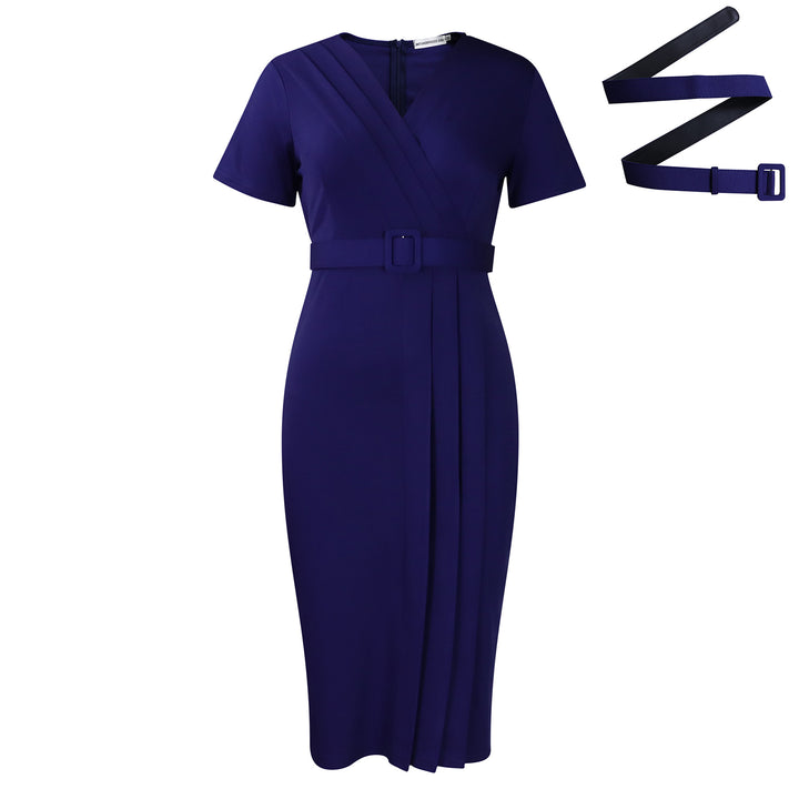 Damen figurbetontes Midi-Kleid mit asymmetrischem Wickeldesign und Gürtel Drune