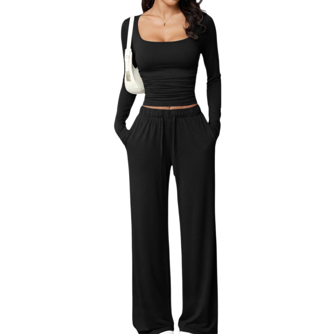 Damen Zweiteiliges Relax-Set mit tailliertem Langarm-Croptop und weiter Jerseyhose Drune