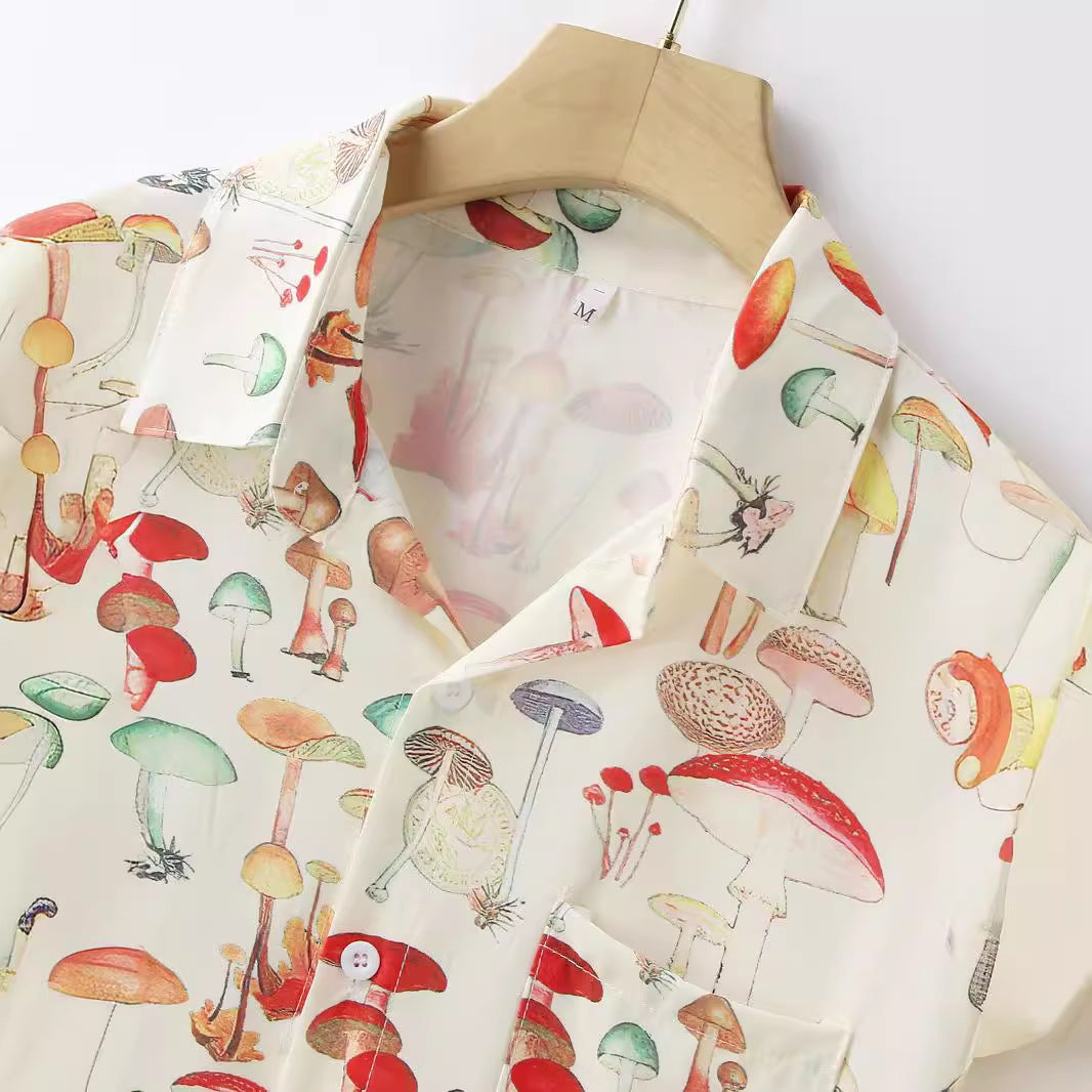 Damen Langarm Hemd mit kreativem Pilzmuster und hochwertigen Materialien Drune