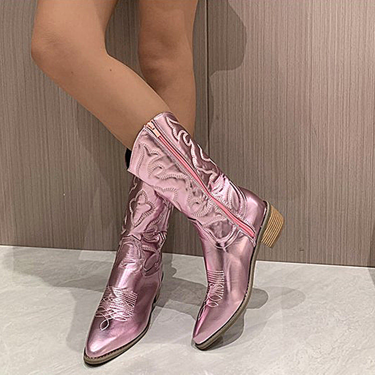 Damen nan metallische Westernstiefel mit mittelhohem Schaft dekorativer Stickerei und Seitenreißverschluss Drune