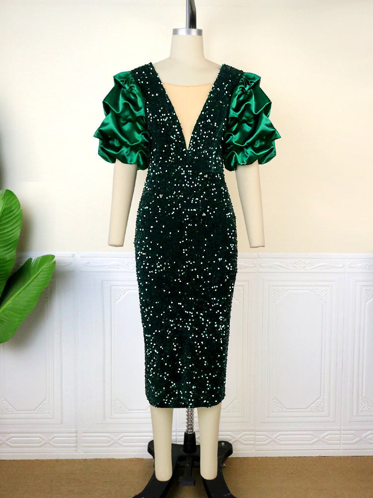 Damen glamouröses Abendkleid mit Puffärmeln Drune