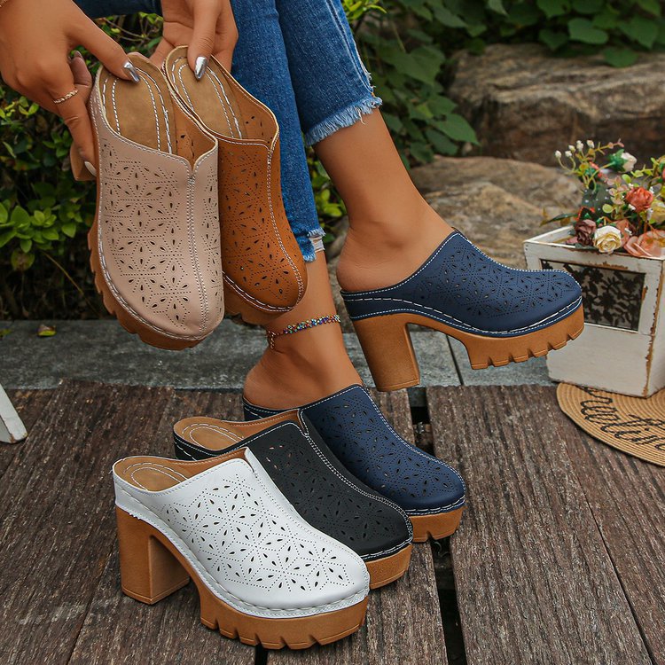 Damen Offene Clogs mit floralem Cut-Out Design und klobigem Absatz Drune