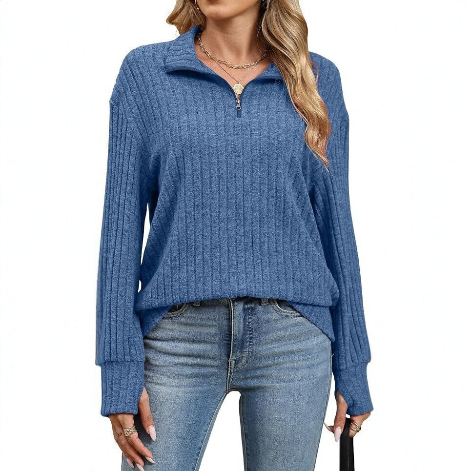 Damen Gerippter Halfzip-Pullover mit Stehkragen und Relaxed-Fit Drune