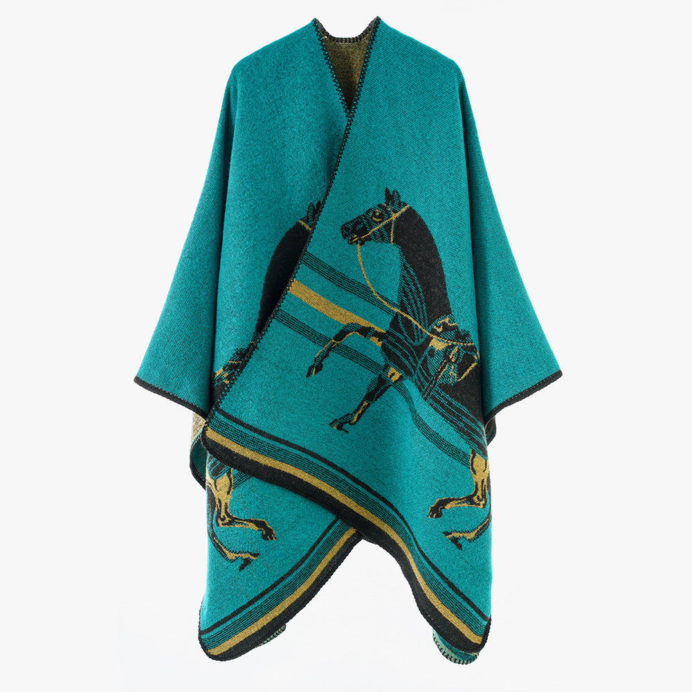 Damen Jacquard‑Poncho mit Pferdemotiv und weichem Wollmix Drune