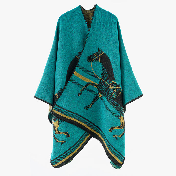 Damen Jacquard‑Poncho mit Pferdemotiv und weichem Wollmix Drune