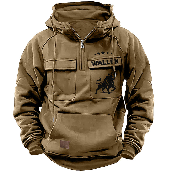 Herren nan Kapuzenpullover mit Halbzip, Cargo-Brusttaschen und Kängurutasche Drune