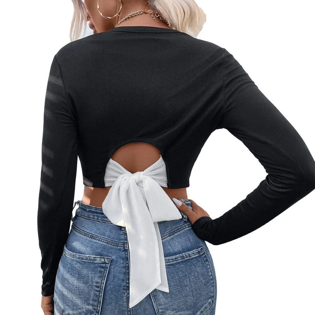 Damen figurnahes geripptes Crop-Longsleeve mit Rundhalsausschnitt und formstabiler Stretchfaser Drune
