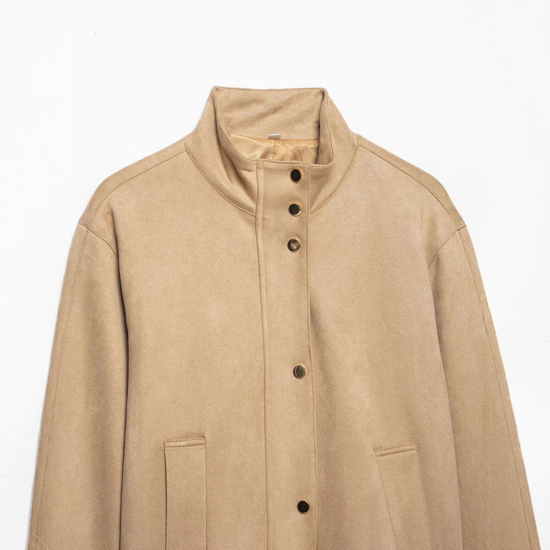 Damen Kurze Velours-Imitatjacke mit Stehkragen, Druckknopfleiste und aufgesetzten Taschen Drune