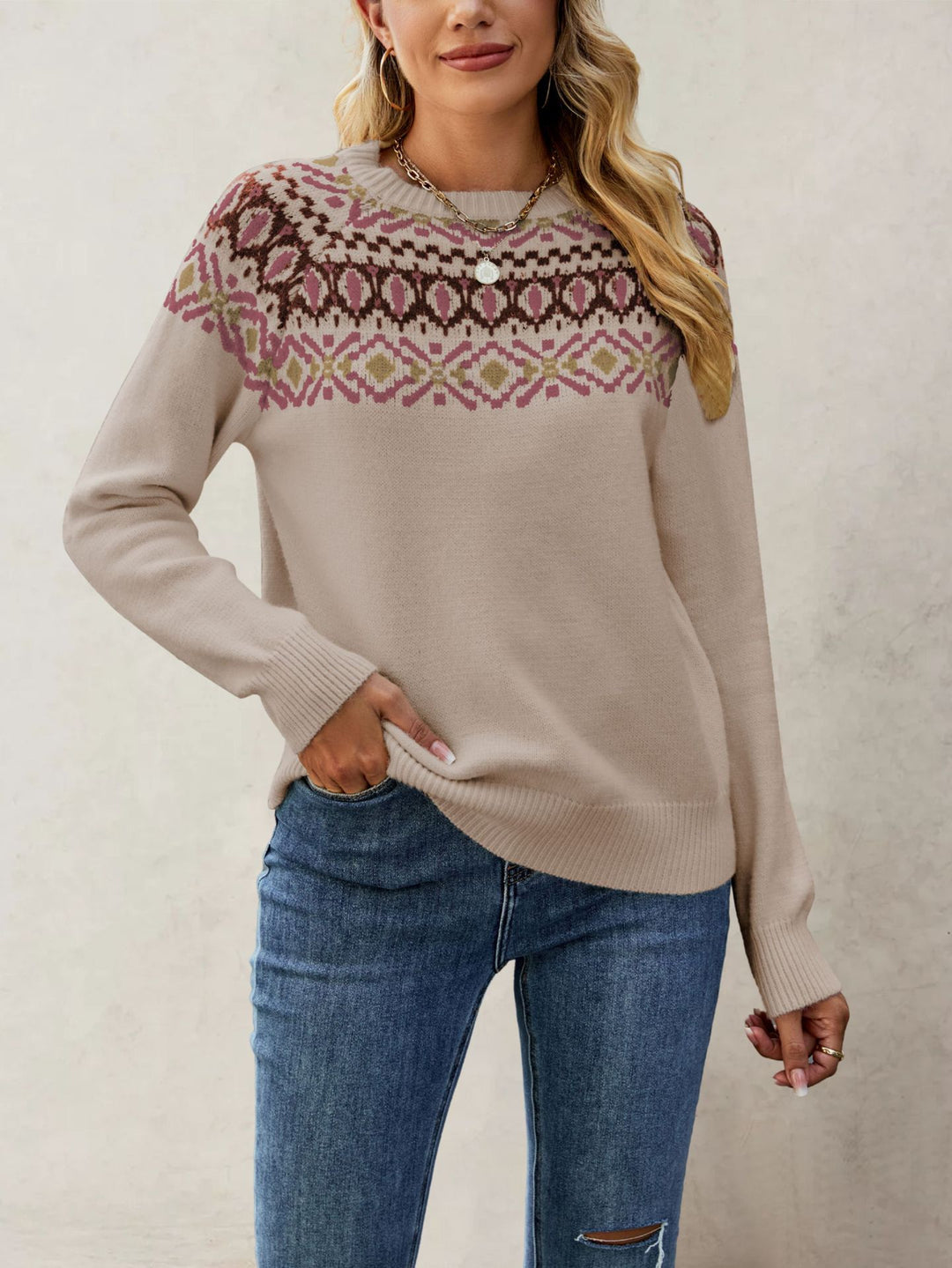 Damen Nordic-Muster Pullover mit Rundhalsausschnitt und lässigem Schnitt Drune