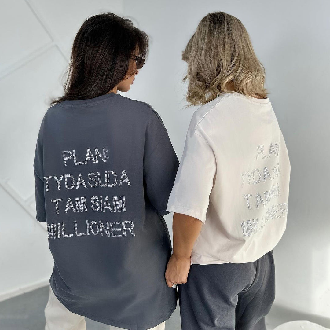 Damen oversized Statement-T-Shirt mit Strassschrift auf dem Rücken Drune