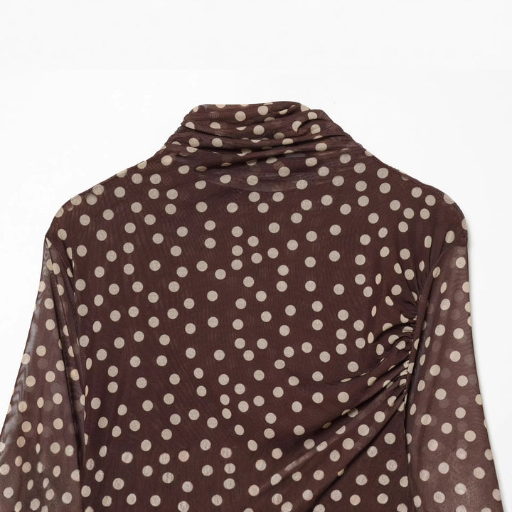 Damen nan gerafftes Langarm-Mesh-Top mit Rollkragen und Punkteprint Drune