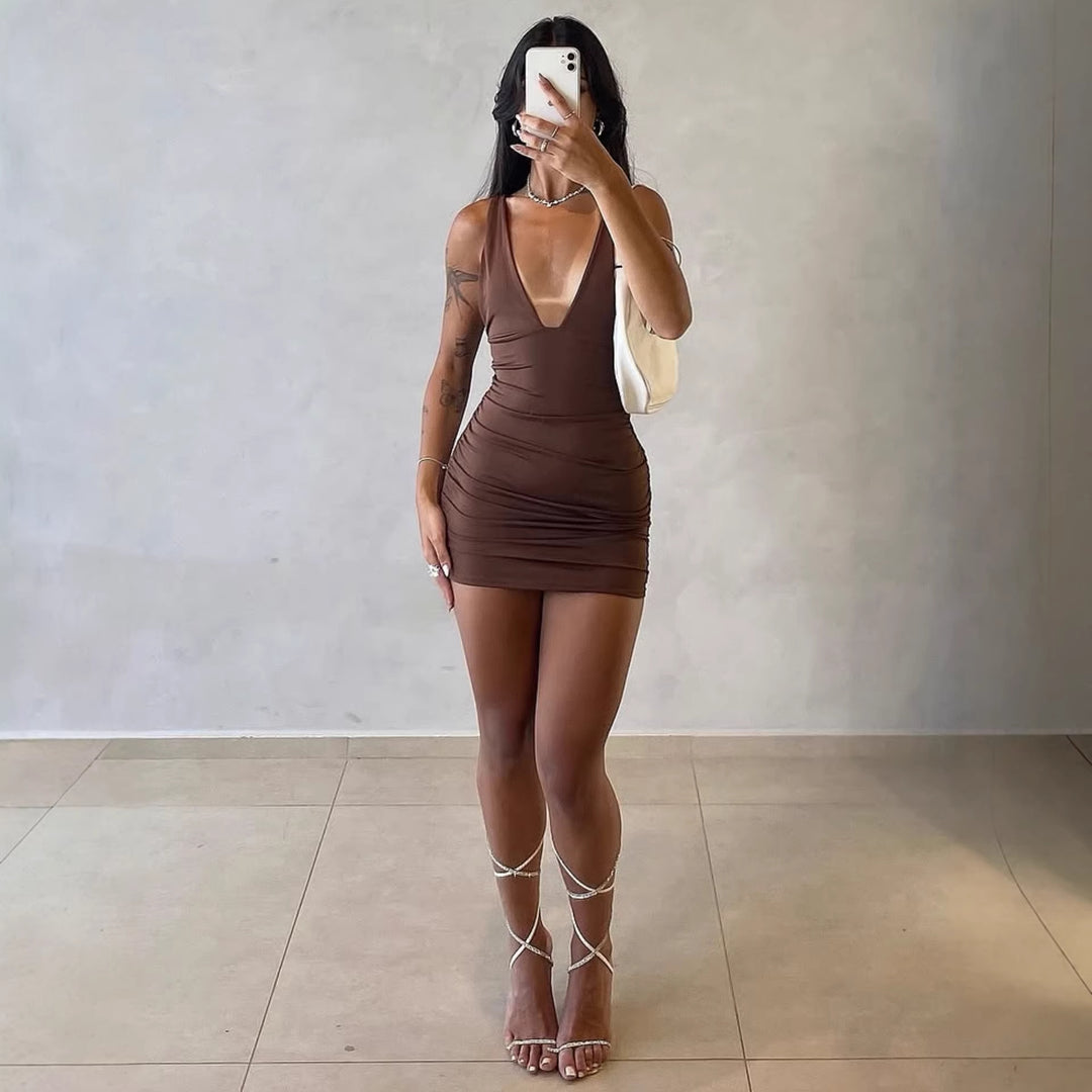 Damen figurbetontes Minikleid mit tiefem V-Ausschnitt und Raffung Drune