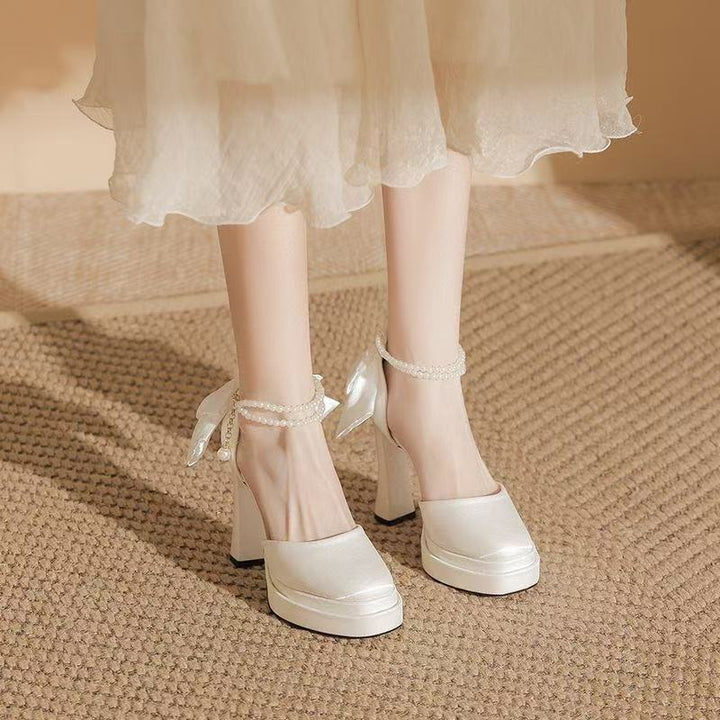 Damen Satin-Plateau-Pumps mit dekorativer Schleife und verstellbarem Knöchelriemen Drune