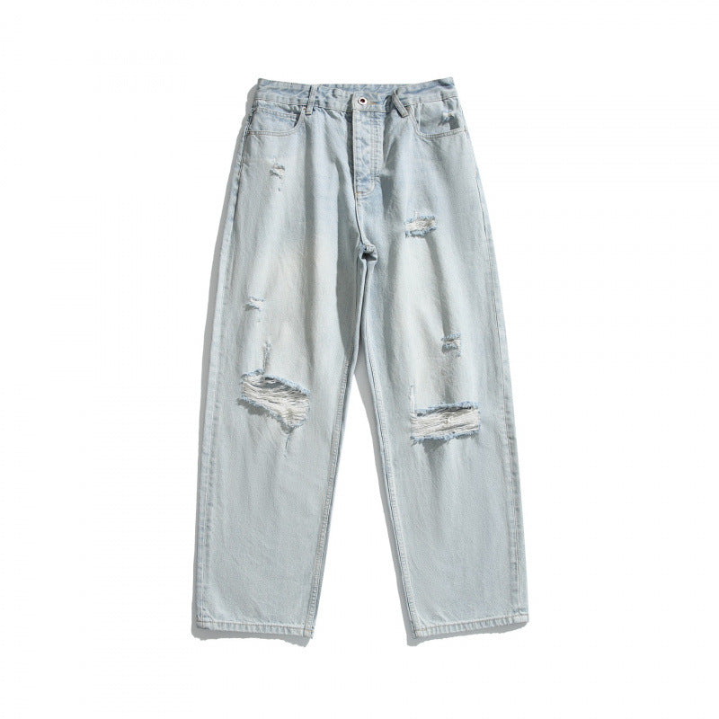 Damen Baggy-Denimhose mit hohem Bund, Destroyed-Details und geradem Bein Drune