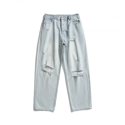 Damen Baggy-Denimhose mit hohem Bund, Destroyed-Details und geradem Bein Drune