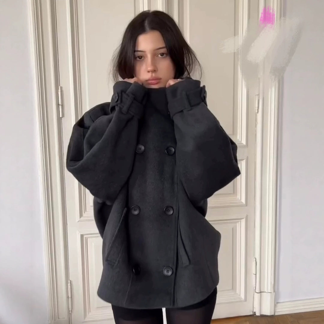 Damen Kurz geschnittene doppeltgeknöpfte Wollmix-Jacke mit Stehkragen und Krempelärmeln Drune