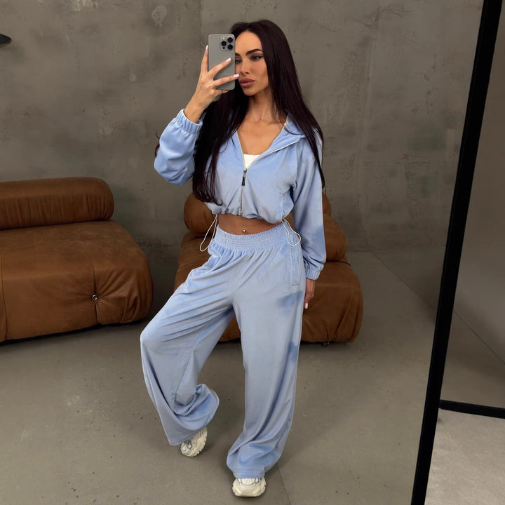Damen weites Lounge-Set mit Cropped Zipjacke und High-Waist Relaxhose Drune