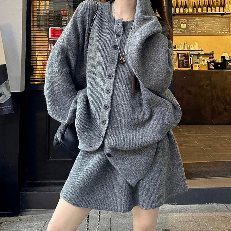 Damen modische Strickjacke mit asymmetrischem Schnitt und Knopfdetails Drune