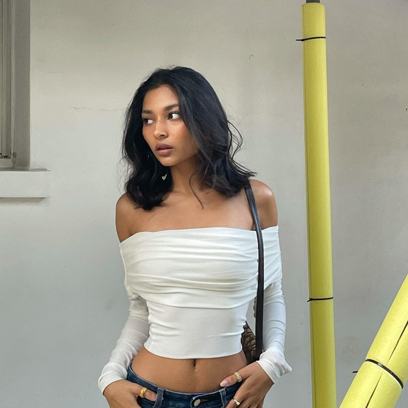 Damen Offshoulder Crop-Top mit Raffung Drune