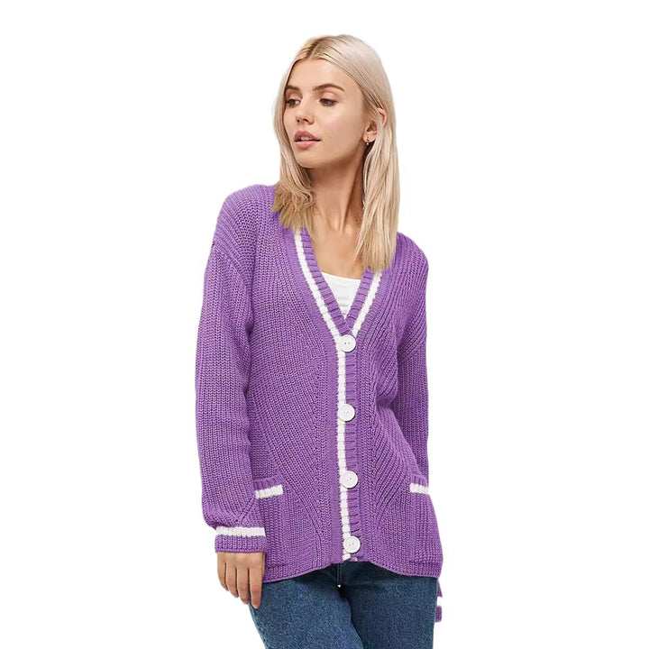 Damen gemütliche Strickjacke mit kontrastierenden Taschen und Knopfdetails Drune