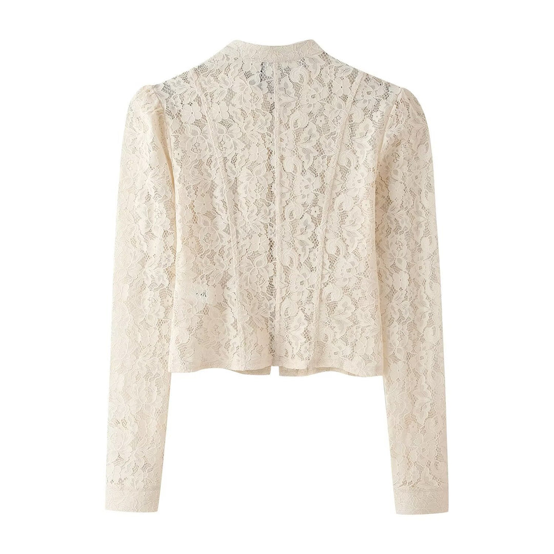 Damen Cropped Spitzenblazer mit Stehkragen, Zier‑Froschverschlüssen und Puffärmeln Drune