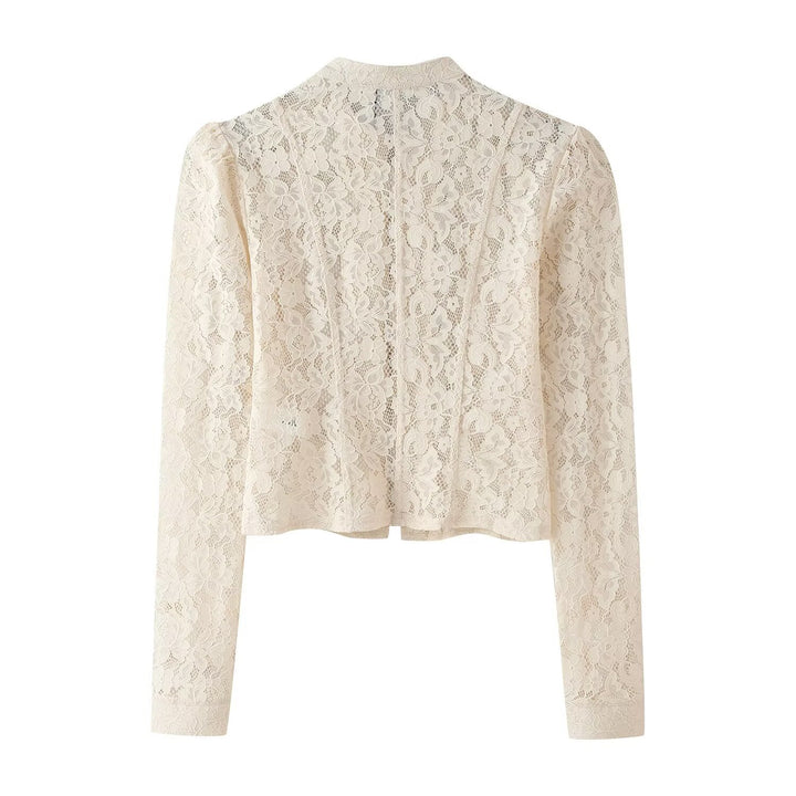 Damen Cropped Spitzenblazer mit Stehkragen, Zier‑Froschverschlüssen und Puffärmeln Drune
