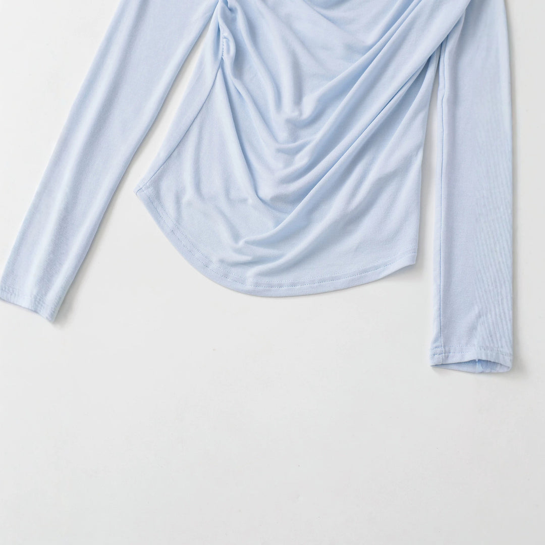 Damen Wasserfallkragen Langarmshirt mit Drapierung und taillierter Wickeloptik Drune