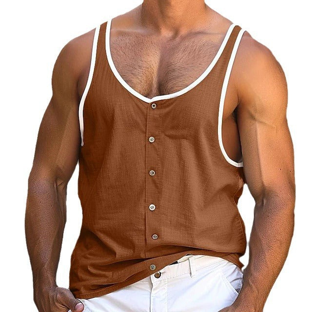 Herren nan Leinenoptik-Tanktop mit sichtbarer Knopfleiste und kontrastierter Einfassung Drune