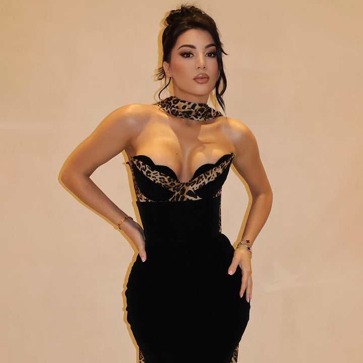 Damen Abendkleid mit Leoparden-Ausschnitt und figurbetontem Schnitt Drune