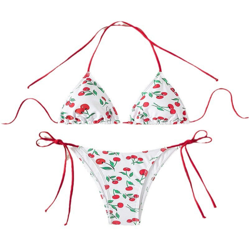 Damen Triangel-Bikini mit frischem Kirschmotiv und verstellbaren Bindebändern Drune