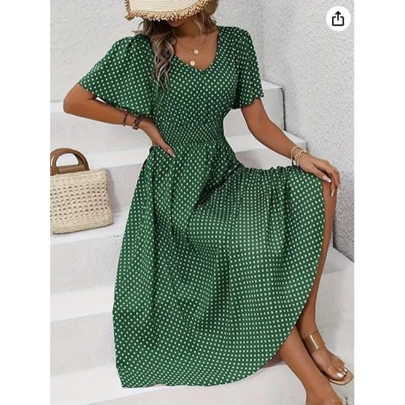 Damen Maxikleid im verspielten Punktdesign mit voluminösen Ärmeln und tiefem V-Ausschnitt Drune