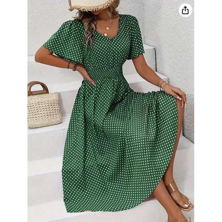 Damen Maxikleid im verspielten Punktdesign mit voluminösen Ärmeln und tiefem V-Ausschnitt Drune