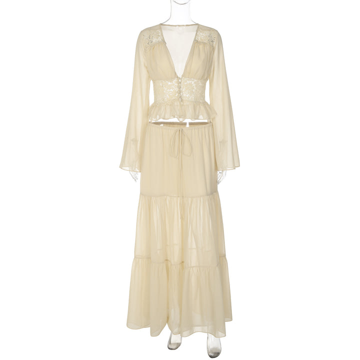Damen Zweiteiliges Maxi-Kleid mit transparentem Oberteil und elastischem Bund Drune