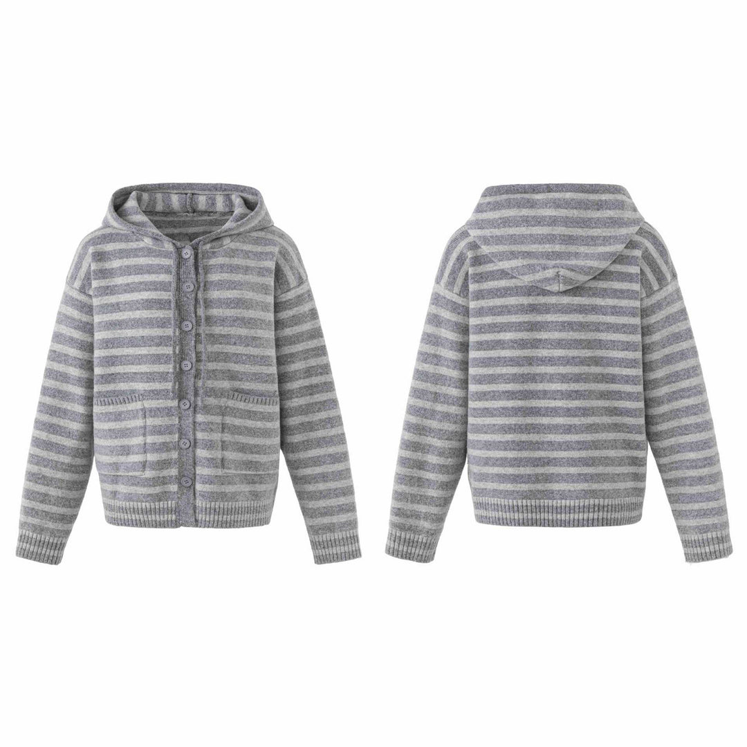 Damen Kapuzenstrickjacke mit Knopfleiste und Blockstreifen Drune