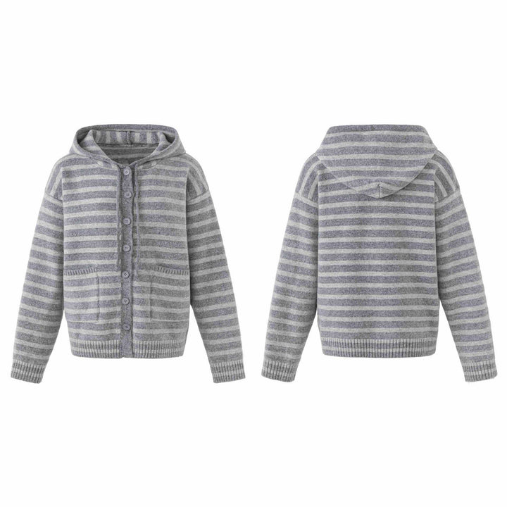 Damen Kapuzenstrickjacke mit Knopfleiste und Blockstreifen Drune
