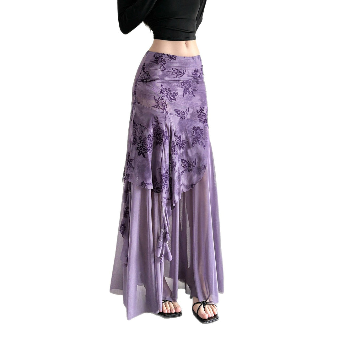Damen asymmetrischer Maxirock mit floralen Details und transparenten Schichten Drune