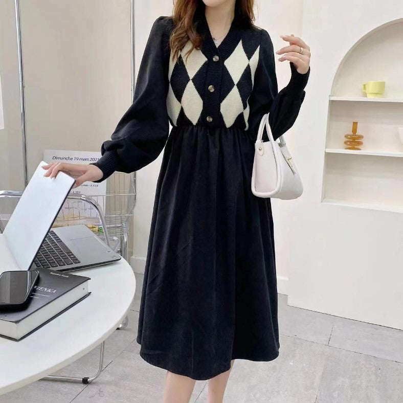 Damen Strickkleid mit modernem Rautenmuster und Puffärmeln Drune