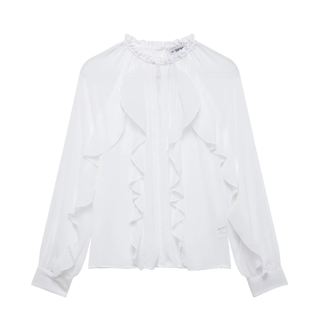 Damen nan romantische Chiffonbluse mit gerafftem Stehkragen, durchgehenden Volants und ballonförmigen Ärmeln Drune