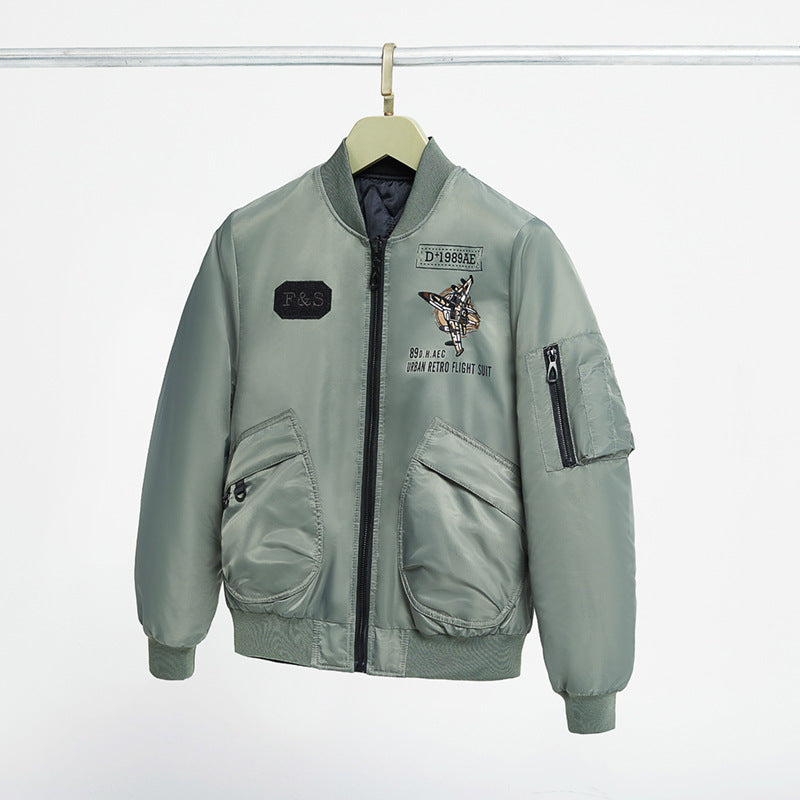 Men's  padded pilot-style bomber jacket with embroidered jet motif and dual angled front cargo pockets Drune