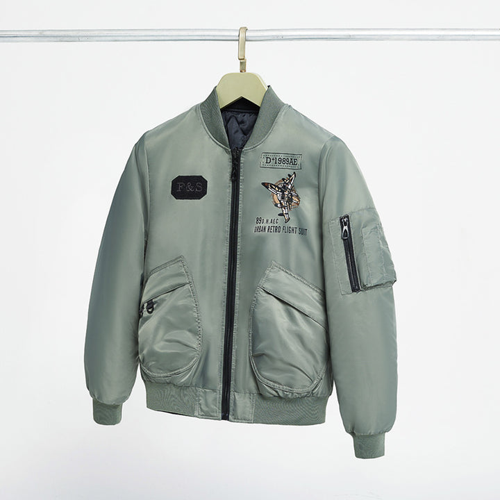 Men's  padded pilot-style bomber jacket with embroidered jet motif and dual angled front cargo pockets Drune