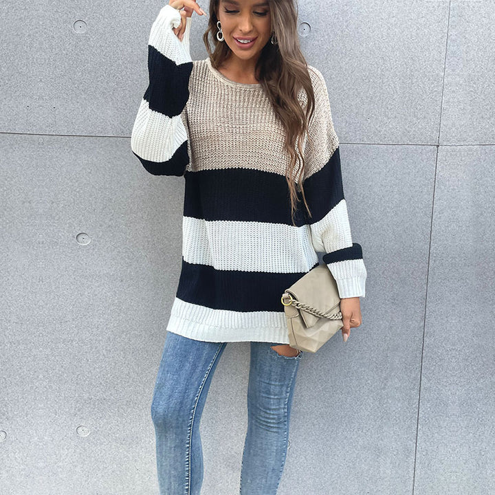 Damen Oversize-Blockstreifen-Pullover aus grobem Strick mit weitem Schnitt Drune