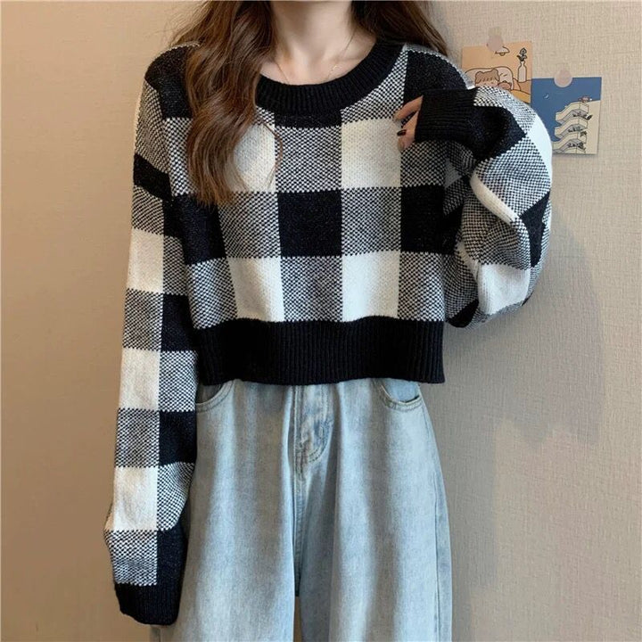 Damen modischer cropped Pullover mit Karomuster Drune