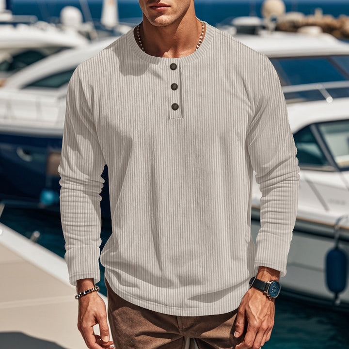 Herren nan gerippter Langarm-Henleypullover mit kurzem Stehkragen und dekorativer Knopfleiste Drune