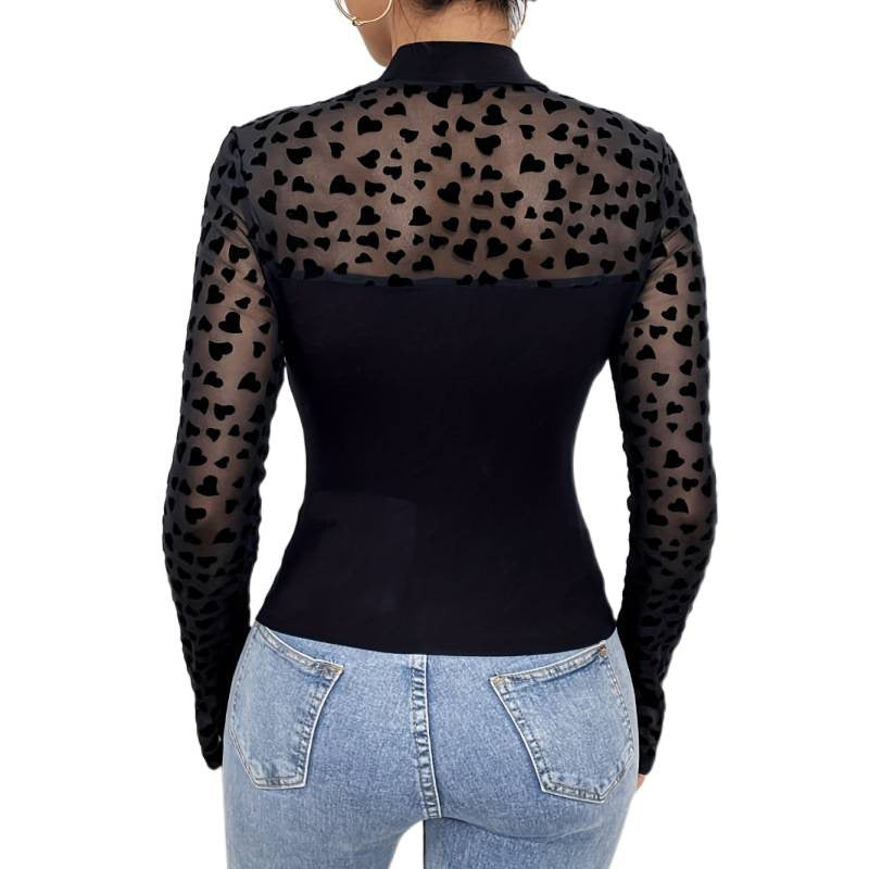 Damen Langarm-Body mit transparenten Herzen und elegantem Stehkragen Drune