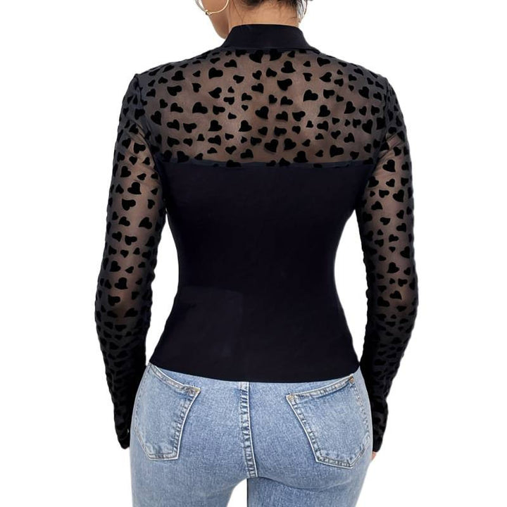 Damen Langarm-Body mit transparenten Herzen und elegantem Stehkragen Drune