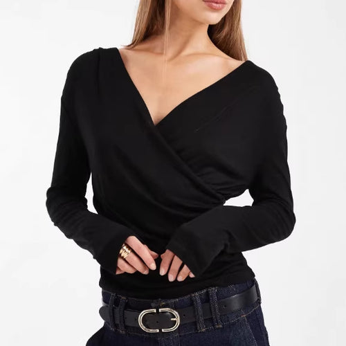 Damen Figurbetontes Wickelshirt mit V-Ausschnitt und Raffung Drune