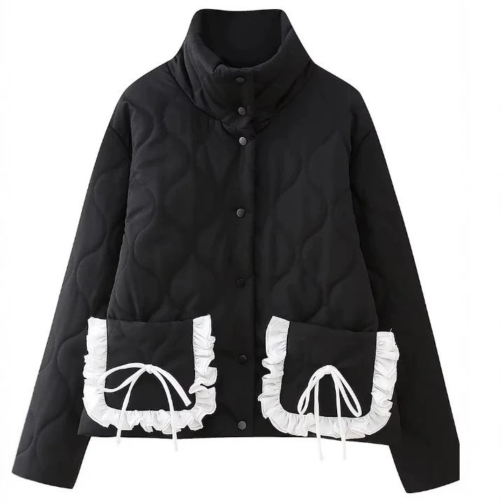 Damen gesteppte Kurzjacke mit Stehkragen und Volant‑Taschen Drune