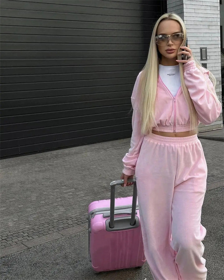 Damen sportliches Velours-Jogginganzug-Set mit lässigem Schnitt und praktischen Taschen Drune
